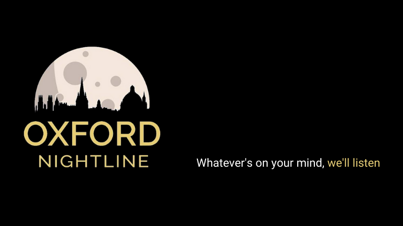 Oxford Nightline logo - the Oxford dreaming spires skyline against a moon with the words Oxford Nightline below - the line whatever's on your mind, we'll listen is to the right of the logo